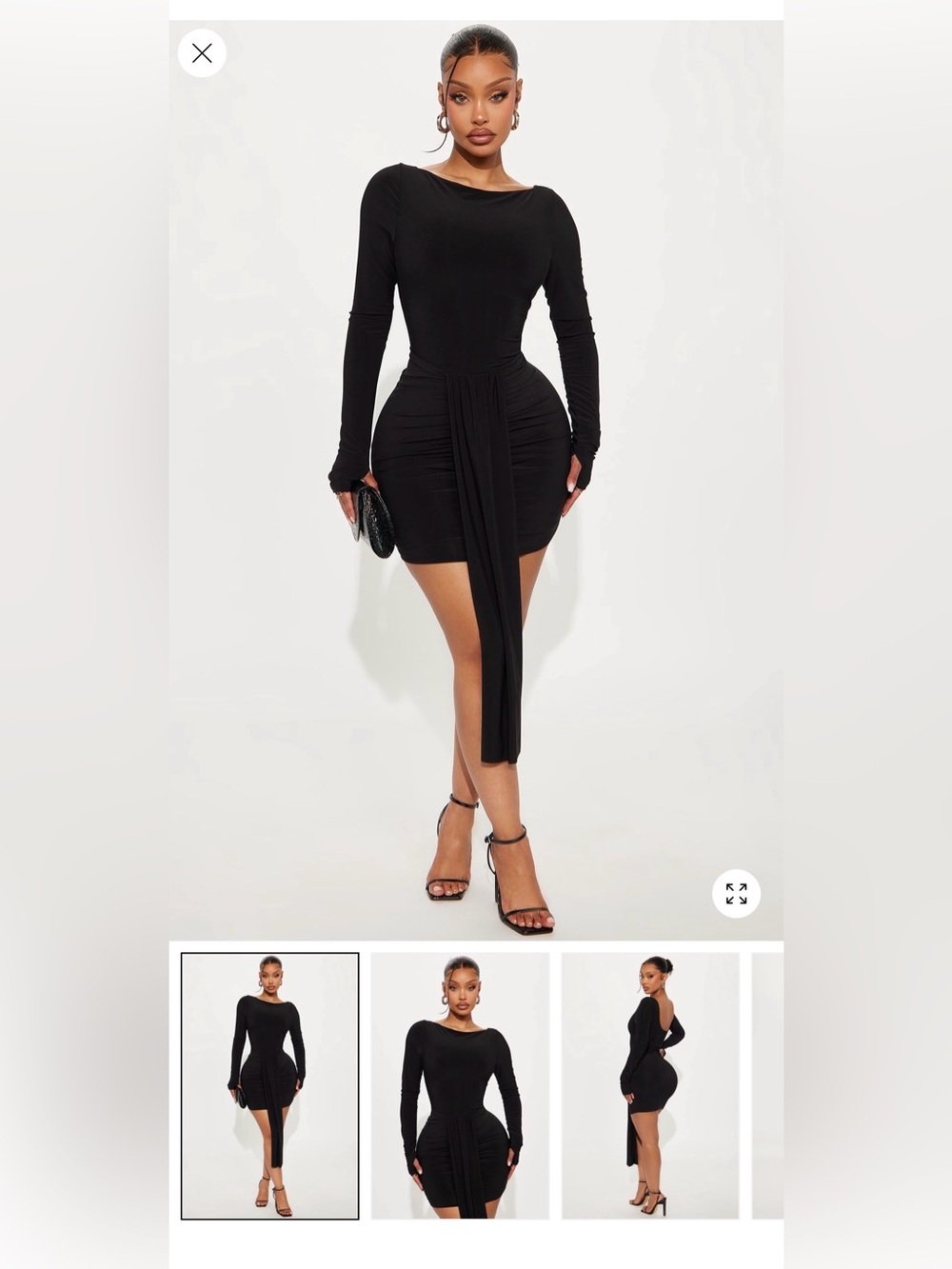 Fashion Nova Black Long-Sleeve Ruched Mini Dress with Drape